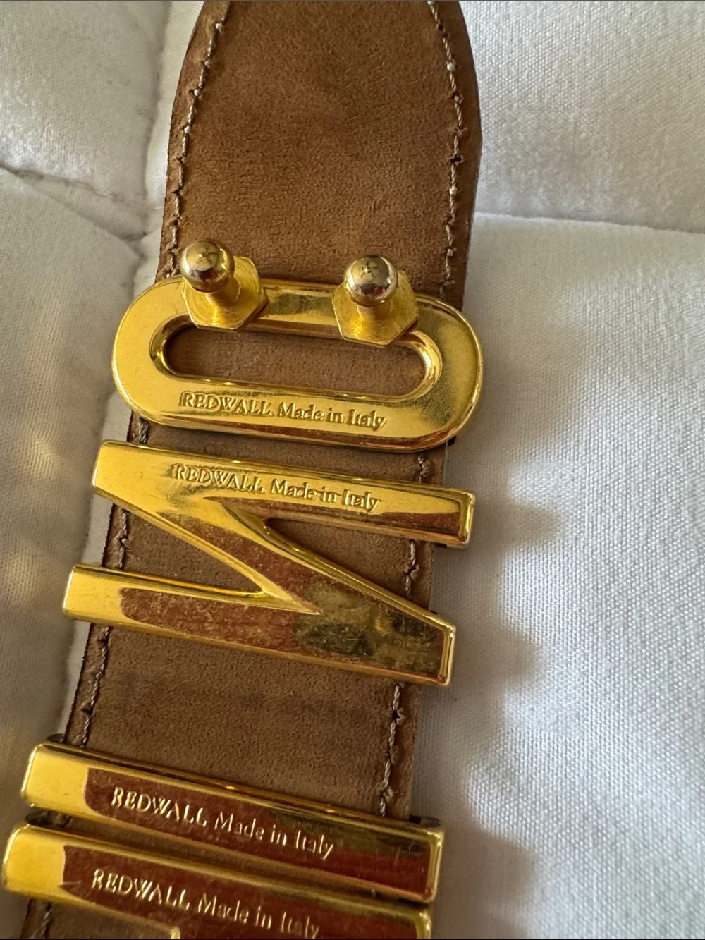 Authentic Moschino Beige Leather Belt with Large Gold Logo Letters